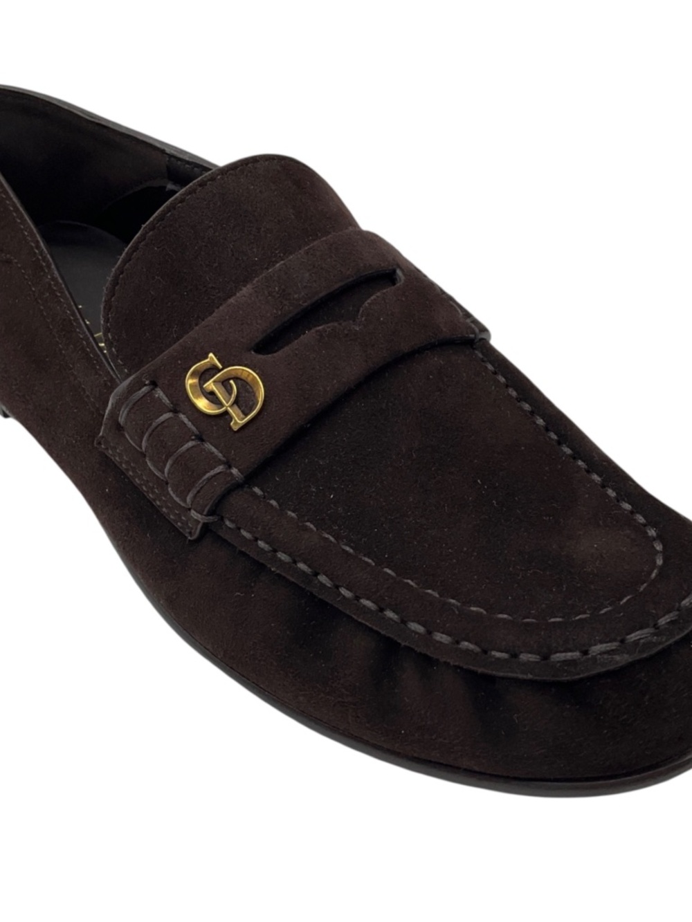 CHRISTIAN DIOR BROWN / GOLD CD LOGO EMBELLISHED SUEDE LEATHER LOAFERS / FLATS